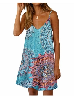 Kidsform Women Boho Dress Floral Printed Deep V-Neck Summer Beach Bohemian Sundress Loose Short Mini Dress