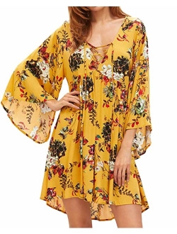 Kidsform Women Boho Dress Floral Printed Deep V-Neck Summer Beach Bohemian Sundress Loose Short Mini Dress