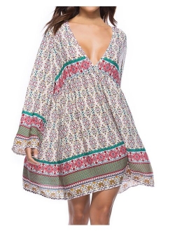 Kidsform Women Boho Dress Floral Printed Deep V-Neck Summer Beach Bohemian Sundress Loose Short Mini Dress