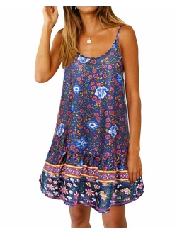 Kidsform Women Boho Dress Floral Printed Deep V-Neck Summer Beach Bohemian Sundress Loose Short Mini Dress