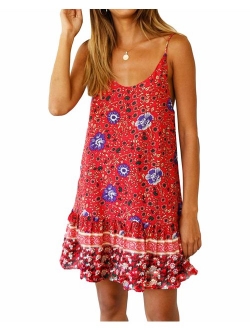 Kidsform Women Boho Dress Floral Printed Deep V-Neck Summer Beach Bohemian Sundress Loose Short Mini Dress