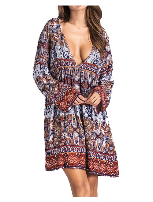 Kidsform Women Boho Dress Floral Printed Deep V-Neck Summer Beach Bohemian Sundress Loose Short Mini Dress