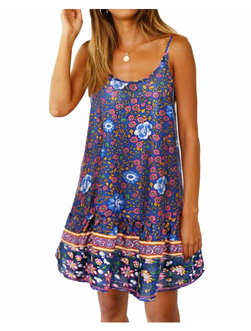 Kidsform Women Boho Dress Floral Printed Deep V-Neck Summer Beach Bohemian Sundress Loose Short Mini Dress