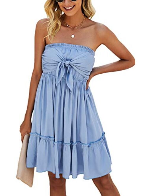 ECOWISH Womens Dresses Floral Spaghetti Strap Tie Knot Front Flowy Pleated Mini Swing Dress