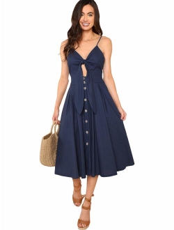 Women's Twist Front Button Spaghetti Strap Skater Dress