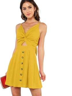 Women's Twist Front Button Spaghetti Strap Skater Dress