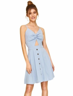 Women's Twist Front Button Spaghetti Strap Skater Dress