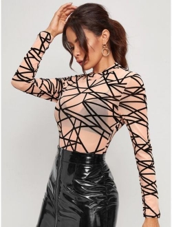 Sheer Geo Flocked Mesh Bodysuit Without Bra