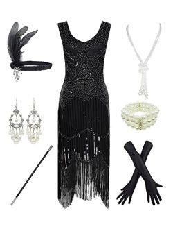 1920s Gatsby Sequin Fringed Paisley Flapper Dress with 20s Accessories Set