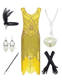 1920s Gatsby Sequin Fringed Paisley Flapper Dress with 20s Accessories Set