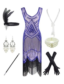 1920s Gatsby Sequin Fringed Paisley Flapper Dress with 20s Accessories Set