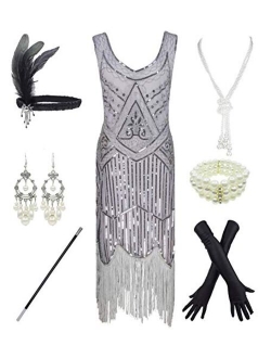 1920s Gatsby Sequin Fringed Paisley Flapper Dress with 20s Accessories Set