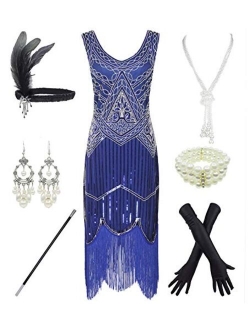 1920s Gatsby Sequin Fringed Paisley Flapper Dress with 20s Accessories Set