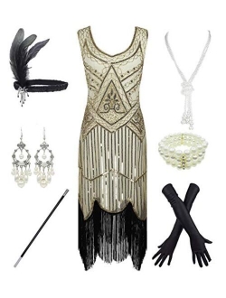 1920s Gatsby Sequin Fringed Paisley Flapper Dress with 20s Accessories Set