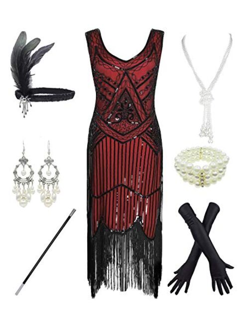 1920s Gatsby Sequin Fringed Paisley Flapper Dress with 20s Accessories Set