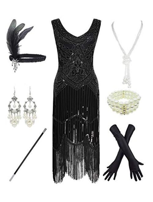 1920s Gatsby Sequin Fringed Paisley Flapper Dress with 20s Accessories Set