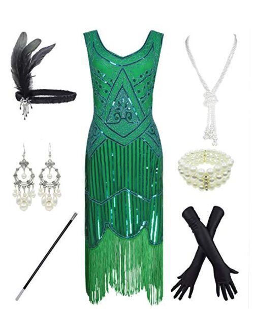 1920s Gatsby Sequin Fringed Paisley Flapper Dress with 20s Accessories Set