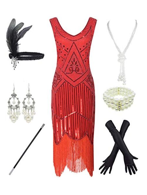 1920s Gatsby Sequin Fringed Paisley Flapper Dress with 20s Accessories Set