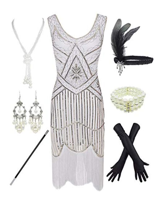 1920s Gatsby Sequin Fringed Paisley Flapper Dress with 20s Accessories Set