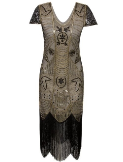 Vijiv 1920s Gatsby Flapper Dresses with Sleeves Sequin Art Deco Cocktail Dress