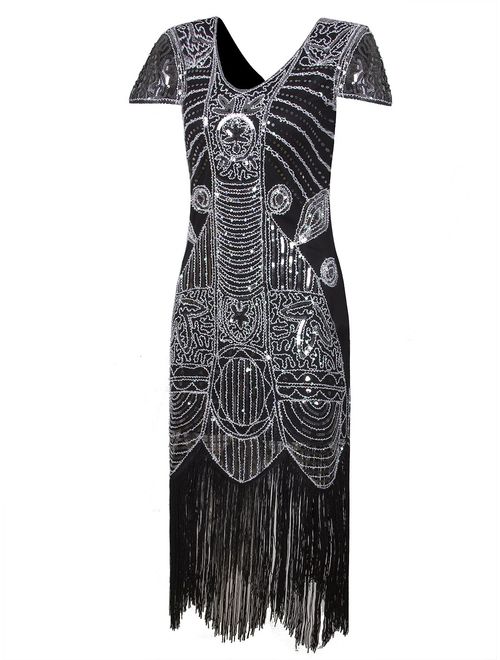 Vijiv 1920s Gatsby Flapper Dresses with Sleeves Sequin Art Deco Cocktail Dress