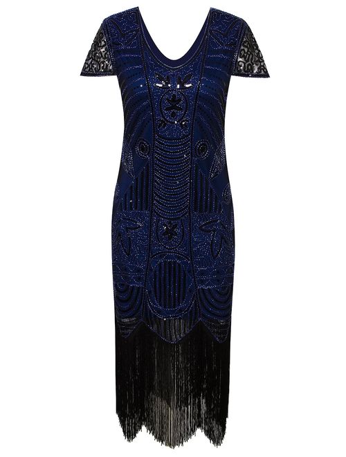 Vijiv 1920s Gatsby Flapper Dresses with Sleeves Sequin Art Deco Cocktail Dress