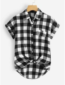 Buffalo Plaid Rolled Cuff Knot Hem Shirt