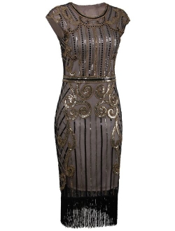 VIJIV 1920s Vintage Inspired Sequin Embellished Fringe Long Gatsby Flapper Dress