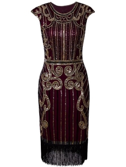 VIJIV 1920s Vintage Inspired Sequin Embellished Fringe Long Gatsby Flapper Dress