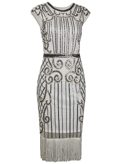 VIJIV 1920s Vintage Inspired Sequin Embellished Fringe Long Gatsby Flapper Dress