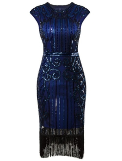 VIJIV 1920s Vintage Inspired Sequin Embellished Fringe Long Gatsby Flapper Dress