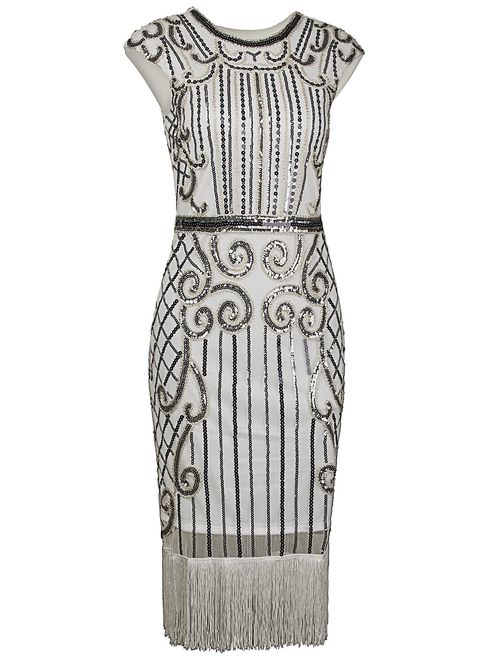 VIJIV 1920s Vintage Inspired Sequin Embellished Fringe Long Gatsby Flapper Dress