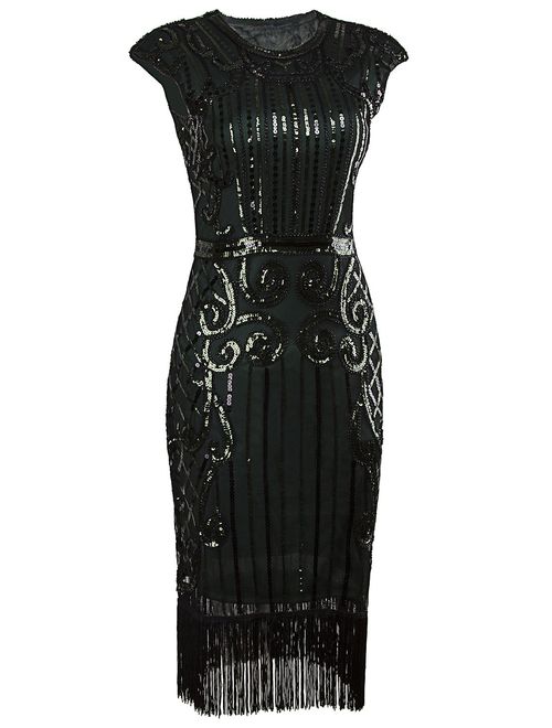 VIJIV 1920s Vintage Inspired Sequin Embellished Fringe Long Gatsby Flapper Dress