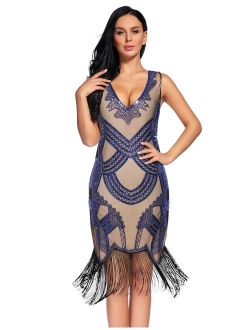 Women's 1920s Gatsby Dress V Neck Sequin Bead Fringed Cocktail Hem Flapper Dress