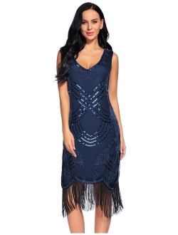 Women's 1920s Gatsby Dress V Neck Sequin Bead Fringed Cocktail Hem Flapper Dress