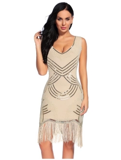 Women's 1920s Gatsby Dress V Neck Sequin Bead Fringed Cocktail Hem Flapper Dress