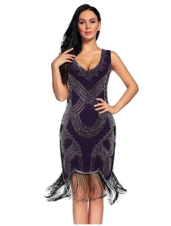 Women's 1920s Gatsby Dress V Neck Sequin Bead Fringed Cocktail Hem Flapper Dress