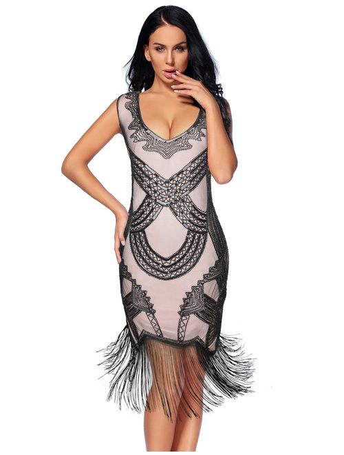 Women's 1920s Gatsby Dress V Neck Sequin Bead Fringed Cocktail Hem Flapper Dress