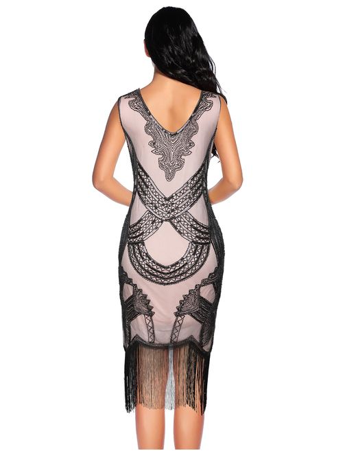 Women's 1920s Gatsby Dress V Neck Sequin Bead Fringed Cocktail Hem Flapper Dress