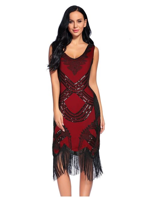 Women's 1920s Gatsby Dress V Neck Sequin Bead Fringed Cocktail Hem Flapper Dress