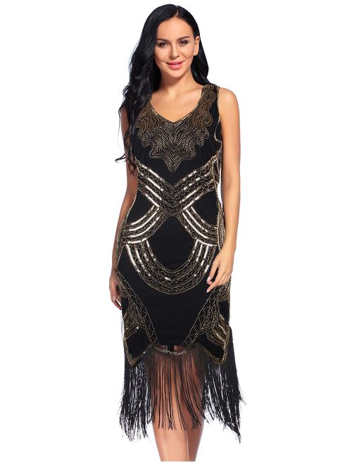 Women's 1920s Gatsby Dress V Neck Sequin Bead Fringed Cocktail Hem Flapper Dress