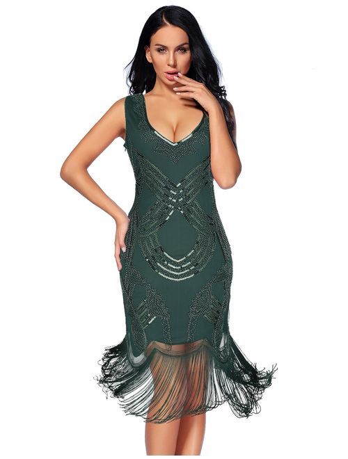 Women's 1920s Gatsby Dress V Neck Sequin Bead Fringed Cocktail Hem Flapper Dress