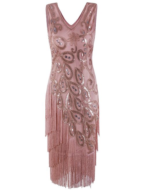 Vijiv Women's Vintage 1920s Style Peacock Sequin Roaring 20s Gatsby Party Flapper Dress