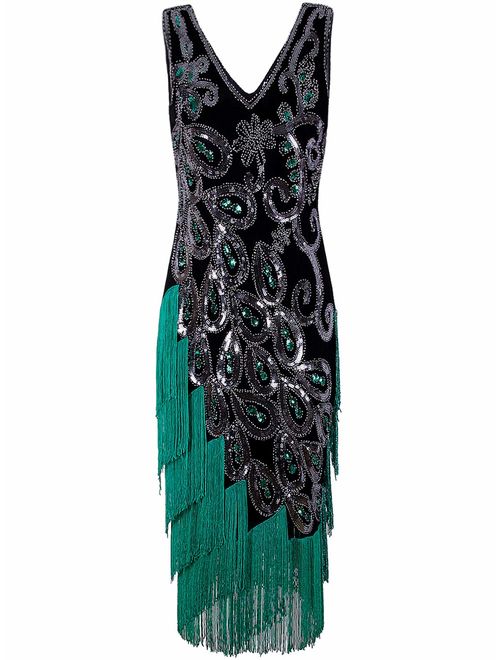 Vijiv Women's Vintage 1920s Style Peacock Sequin Roaring 20s Gatsby Party Flapper Dress