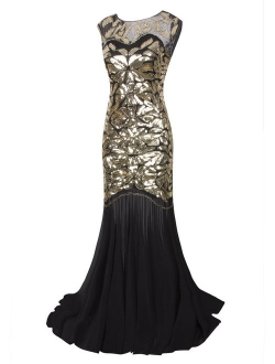 VIJIV 1920s Long Prom Dresses Sequins Beaded Art Deco Evening Party V Neck Back