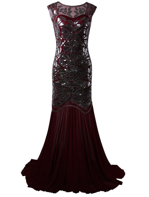 VIJIV 1920s Long Prom Dresses Sequins Beaded Art Deco Evening Party V Neck Back