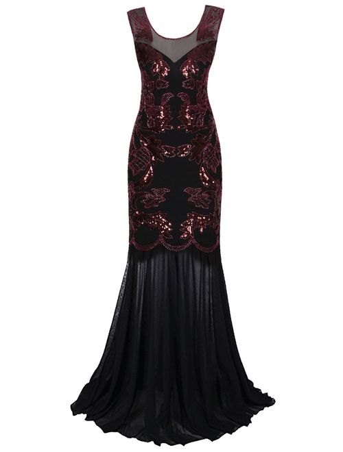 VIJIV 1920s Long Prom Dresses Sequins Beaded Art Deco Evening Party V Neck Back