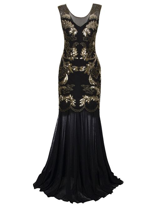 VIJIV 1920s Long Prom Dresses Sequins Beaded Art Deco Evening Party V Neck Back