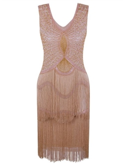 VIJIV 1920s Style Inspired Charleston Sequin Layer Tassel Cocktail Flapper Dress