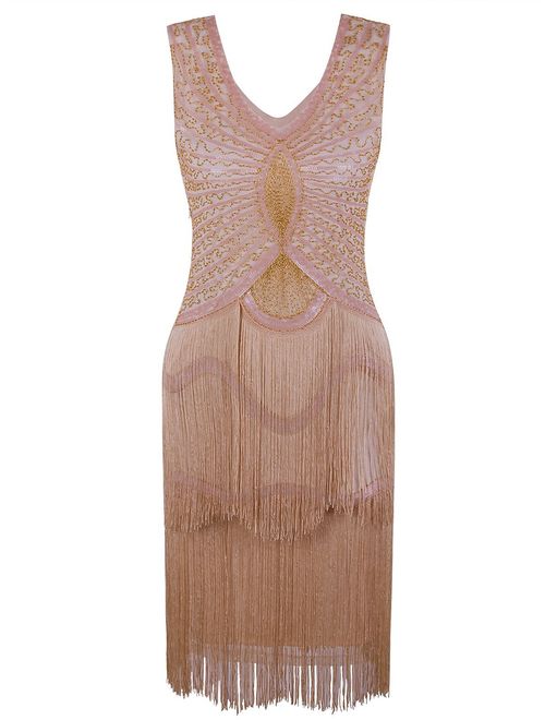 VIJIV 1920s Style Inspired Charleston Sequin Layer Tassel Cocktail Flapper Dress